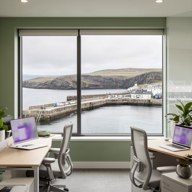 Modern analytics office overlooking Victoria Pier in Lerwick, Shetland Islands
